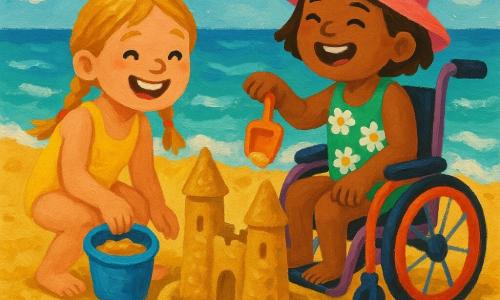 Two 7-year-old girls build a large sandcastle with two towers and a small moat on a golden sandy beach: on the left a blonde girl with long hair in two braids, wearing a bright yellow swimsuit, crouches to set down a small blue bucket full of sand; on the right a short-chestnut-haired girl in a colorful wheelchair, wearing a pink hat and a green swimsuit with white daisy patterns, laughs as she uses a small orange shovel to shape a tower. Turquoise water with small white waves, a light blue sky with a few fluffy clouds and two seagulls, some pearly shells and a red-and-white striped towel lie nearby; the scene is bright, summery and joyful with vivid colors and visible acrylic paint textures.