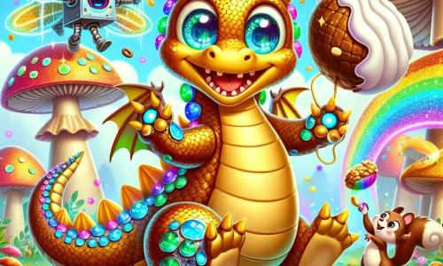 Zibble, a dragon with shimmering scales like disco balls and wings shaped like golden toast, smiles joyfully while holding a large marshmallow in his claws. His eyes sparkle with excitement as he prepares to share treats with his friends. Nutty-Bot, a mechanical squirrel with glowing eyes and a shiny metal body, dances around Zibble, displaying a happy and enthusiastic expression while juggling enchanted acorns that float around him. Their environment is the beautiful Mushroom Pond, where giant, brightly colored mushrooms grow like rainbows, and tiny sparkling fairies fly, leaving trails of glitter in the air. The scene depicts Zibble and Nutty-Bot celebrating the launch of a new project, surrounded by magical creatures laughing and dancing, creating a festive and joyful atmosphere.