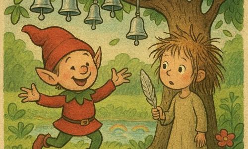 A joyful, small-sized elf wearing a cherry-colored hat and shoes with bells is dancing happily under a large tree with branches full of glass bells. A 7-year-old girl with hair like a nest of twigs watches in wonder. She holds a silver feather in her hand, standing near the tree trunk. The garden is bathed in morning light, with round green leaves and a pond reflecting miniature rainbows. The main scene shows the elf and the little girl discovering the magical feather that makes the tree sing, surrounded by flowers leaning towards them and frogs that seem to tell silent jokes.