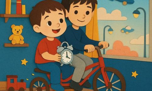 Antek, 4 lata, uśmiechnięty i zaciekawiony, krótkie brązowe włosy, trzyma migający srebrny budzik i siedzi na mini latającym rowerku; obok Miki, ok. 6 lat, pewny i łagodny, rozczochrane czarne włosy, w srebrnych spodniach, prowadzi rowerek trzymając świecący kierownicę; Marysia nieobecna; kolorowy pokój z niebieskimi ścianami i naklejonymi gwiazdkami, drewniane półki, czerwony dywan i otwarte okno ukazujące pastelowe niebo z latającymi samochodami i unoszącymi się latarniami; scena: Antek i Miki powoli lecą nad dywanem, rowerek iskrzy złotymi drobinkami, porozrzucane papierowe zabawki, miękkie światło, radosna i bezpieczna atmosfera.