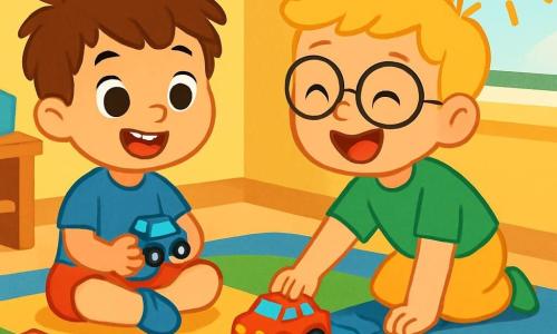Há 2 personagens principais: Tomás: Um garoto de 5 anos, com cabelo castanho bagunçado e olhos brilhantes. Ele usa uma camiseta azul e um short vermelho. Ele está sentado em um tapete macio, segurando um carrinho azul nas mãos. João: Um garoto de 5 anos, com cabelo loiro e óculos redondos. Ele usa uma camiseta verde e uma calça amarela. Ele está ao lado de Tomás, rindo e empurrando um carrinho vermelho sobre o tapete. O local da situação principal é uma sala de jogos iluminada, com um tapete colorido e paredes pintadas de amarelo. Blocos de construção estão espalhados ao redor deles, e um grande sol brilha através de uma janela, iluminando o ambiente. A situação principal da história mostra Tomás e João brincando juntos, trocando seus carrinhos e rindo alegremente. Eles constroem uma estrada com os blocos, enquanto um boneco de plástico aguarda ser movido. A atmosfera é cheia de felicidade e amizade.