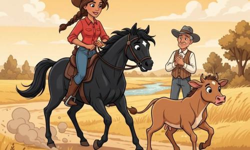 Alma, vaquera de unos 25 años, sonriente y decidida, pelo castaño en trenza, sombrero marrón, camisa roja y botas de cuero, monta un potro negro llamado Trueno y guía la brida con la mano derecha; Trueno, potro negro con pequeña estrella blanca en la frente y crin al viento, galopa y se detiene ante una ternera castaña clara que, asustada, corre hacia el borde de un bosquete; el señor Tomás, hombre de unos 60 años con rostro arrugado, sombrero gris y chaleco, aplaude suavemente desde atrás a la derecha; escenario: amplia pradera dorada al sol, hierbas altas movidas por el viento, camino polvoriento con nube de polvo, algunos árboles y un arroyo al fondo; escena principal: Alma y Trueno bloquean suavemente a la ternera en el borde del camino en una acción heroica y serena, composición centrada, colores cálidos y contrastes marcados, estilo cartoon de los 90 con trazos claros y expresiones exageradas para niños.
