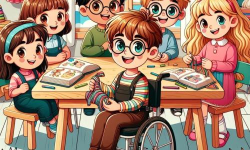 In un'aula luminosa e colorata, cinque bambini sono riuniti attorno a un grande tavolo di legno. Riccardo (un ragazzo di 10 anni, con capelli castani e occhi brillanti) è seduto a sinistra, sorridente e con un libro di storie in mano, pronto a condividere il suo entusiasmo. Marco (un ragazzo di 10 anni, con capelli castani e occhiali, che usa un bastone per muoversi) è seduto al centro su una sedia speciale, ascoltando attentamente i suoi amici con uno sguardo determinato. Sara (una ragazza di 9 anni, con capelli biondi intrecciati e un sorriso caloroso) è a destra di Marco, tiene dei pastelli e disegna illustrazioni per lo spettacolo. Alessia (una ragazza di 10 anni, con capelli ricci e occhi verdi) è in piedi dietro Sara, mentre cuce costumi con un grande sorriso. Tommaso (un ragazzo di 10 anni, con capelli neri e occhiali) è in piedi a sinistra di Riccardo, tiene accessori di scena e guarda con entusiasmo. L'aula è decorata con disegni di bambini appesi alle pareti, con finestre che lasciano entrare la luce del sole, creando un'atmosfera gioiosa e accogliente. I bambini collaborano con entusiasmo per preparare il loro spettacolo teatrale, ognuno portando i propri talenti unici, illustrando così l'amicizia e l'inclusione.