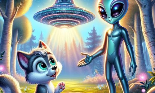 Lupinho, um pequeno lobo de pelos prateados e olhos curiosos, está no centro de uma clareira iluminada pela suave luz da manhã. Ele tem uma expressão maravilhada e entusiasmada ao olhar para uma magnífica nave extraterrestre prateada, que brilha sob o sol. Ao seu lado, Zarlon, um extraterrestre alto e esguio com pele colorida que muda de tonalidade, sorri calorosamente. Seus grandes olhos redondos expressam uma amizade sincera, e ele estende a mão para Lupinho, convidando-o a entrar na nave. O cenário é encantador: árvores com troncos brilhantes cercam a clareira, e flores luminosas dançam ao vento, criando uma atmosfera mágica. Lupinho hesita entre a excitação da aventura e a apreensão do desconhecido, enquanto se prepara para entrar na nave e iniciar sua incrível jornada intergaláctica.