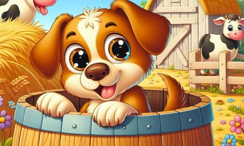 Um cachorro chamado Pipo, com pelagem marrom claro e olhos brilhantes de curiosidade, se esconde alegremente atrás de um grande barril de madeira em um encantador jardim de fazenda. Ele tem uma expressão travessa, pronto para surpreender seus amigos. Próximo a ele, Matilde, uma vaca branca com manchas pretas, está perto de uma pilha de feno, rindo suavemente enquanto espera encontrar Pipo. Lola, uma pequena galinha de penas douradas, está empoleirada em um cocho de madeira, olhando ao redor com um sorriso travesso. O cenário é repleto de flores coloridas, um céu azul claro e um sol radiante, criando uma atmosfera alegre e divertida. A cena mostra Pipo saindo de seu esconderijo, pronto para fazer seus amigos rirem em um divertido jogo de esconde-esconde.