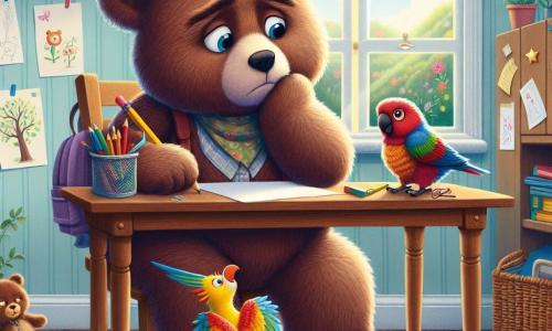 Bram, een teddybeer met grote oren en een zachte bruine vacht, zit aan zijn houten bureau, diep in gedachten en een beetje gefrustreerd, met een potlood in een poot en verspreide vellen papier om zich heen. Naast hem zit Pipo, een kleine papegaai met felgekleurde veren, op de rand van het bureau, met sprankelende ogen van opwinding, en gebaart met zijn vleugels alsof hij Bram aanmoedigt om op te staan en op avontuur te gaan. De kamer is charmant ingericht, met muren versierd met tekeningen van bomen en bloemen, een zachte tapijt op de vloer en een open raam dat zonlicht en het gezang van vogels binnenlaat. De belangrijkste situatie toont Bram en Pipo klaar om de kamer te verlaten en de buitenwereld te verkennen, met een vastberaden uitdrukking op Bram's gezicht, terwijl Pipo ongeduldig lijkt te zijn om te ontdekken wat hen buiten het raam te wachten staat.