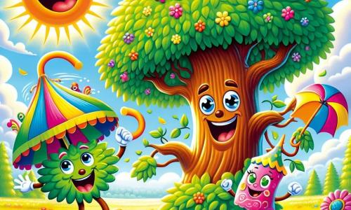 Ein großer Baum mit dichten Ästen und leuchtend grünen Blättern, der Arme und Beine hat, tanzt fröhlich auf einer weiten sonnigen Wiese. Sein Gesicht ist lächelnd und seine Augen funkeln vor Aufregung. Neben ihm hüpft ein buntes Hut namens Hüpf mit einem schelmischen und fröhlichen Ausdruck. Ein Stück weiter öffnet sich ein großer, lustiger Regenschirm namens Schirmli mit bunten Mustern und einem breiten Lächeln, bereit, zur Feier zu stoßen. Die Wiese ist mit strahlenden Blumen und hohem Gras übersät, das im Wind weht, unter einem hellblauen Himmel mit flauschigen Wolken. Im Mittelpunkt der Szene bereitet sich eine riesige, farbenfrohe Torte mit runden Augen und einem breiten Lächeln darauf vor, davonzulaufen, während die drei Freunde lachen und hinter ihr herlaufen, was eine Atmosphäre von Freude und spielerischem Abenteuer schafft.