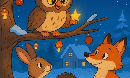 Lina, die kleine Waldohreule, sitzt auf einem hohen Ast der großen Eiche, ihre Augen leuchten entschlossen, während sie ein winziges Stück funkelnden 