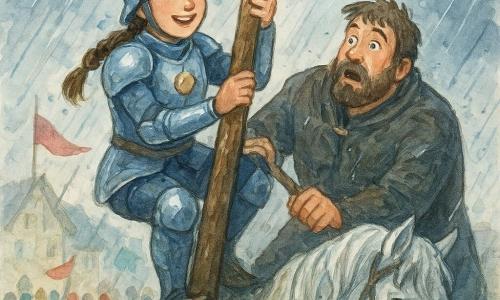 Ruiter Elin, vrouw 20–25 jaar, rond glimlachend gezicht ondanks de regen, glanzende bruine vlechten onder een licht helm, zilverblauwe harnas, klimt op een modderige houten paal, met de ene hand aan het touw en de andere een lans waarvan de punt door de ring gaat; Sir Bram, man 30–35 jaar, groot en robuust met baard en doorweekte mantel, houdt zich half hangend aan het touw terwijl Elin hem helpt, net boven en iets rechts van haar; Maanlicht, een zilverwitte hengst met golvende manen, poten in de modder aan de voet van de paal links op de voorgrond, hoofd gebogen van inspanning; op de achtergrond het dorp en een menigte onder rode en groene banieren, doorweekte lampionnen, regen als diagonale strepen en plassen die licht weerspiegelen; hoofdscène: intense klim tijdens een storm, wind in de vlaggen, druppels en aquarelspatten, het moment waarop de lans de hoge ring raakt, gezichten van verwondering en opluchting, contrasterende kleuren (grijsblauw van de regen, goud van de medaillon, zilver van het harnas).
