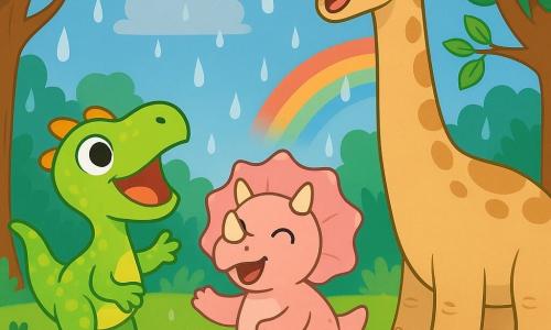 Een vrolijke kleine velociraptor Rolo met lichtgroene schubben en gele vlekken, grote glanzende ogen en een oranje kam, springt en heft een poot alsof hij zingt; links daarvan de zachte roze triceratops Trixie met drie korte hoorns die meetrommelt, en op de achtergrond de lange beige-bruin gevlekte brachiosaurus Bram die zich buigt om mee te zingen en een hoge tak aan te raken, in een weelderige bosopen plek met glanzend groen gras, varens en bloemen terwijl een lichte regen begint te vallen en een flauwe regenboog verschijnt — warme, vrolijke en magische sfeer, simpele ronde vormen, felle contrasterende kleuren, nette contouren en vriendelijke, overdreven uitdrukkingen voor peuters.