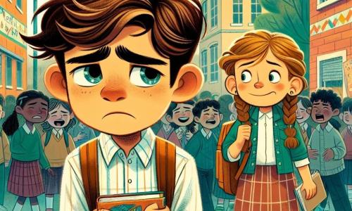 Um garoto de 12 anos, Lucas, com cabelos castanhos bagunçados e olhos brilhantes, está sentado em um banco no pátio da escola. Seu rosto expressa profunda tristeza, com as sobrancelhas franzidas e os lábios apertados, enquanto segura um caderno de desenhos contra o coração, buscando conforto em sua arte. Ao lado dele, sua melhor amiga Clara, uma menina de 12 anos com cabelos loiros trançados e um sorriso caloroso, se aproxima com uma expressão de apoio, as mãos na cintura, pronta para encorajá-lo. O pátio da escola é animado, cercado por paredes coloridas e brinquedos, mas a atmosfera é pesada para Lucas, que se sente isolado entre as risadas dos outros alunos. A cena principal mostra Lucas, visivelmente triste e desconfortável, enquanto Clara se aproxima para oferecer seu apoio, ilustrando a importância da amizade diante do bullying.