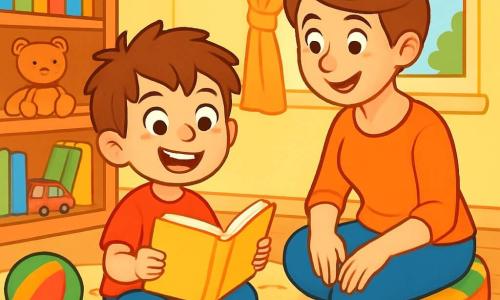 Ein 6-jähriger Junge mit zerzausten braunen Haaren und neugierigen Augen sitzt auf einem flauschigen Teppich, umgeben von verstreuten Buntstiften. Er lächelt begeistert und hält ein aufgeschlagenes Buch vor sich, seine Wangen leicht gerötet vor Aufregung. Neben ihm beobachtet seine Mama, eine Frau in ihren Dreißigern mit zu einem Dutt gebundenen braunen Haaren, ihn mit einem wohlwollenden Lächeln, während sie auf einem bunten Kissen sitzt, bereit ihm zu helfen. Ihr Wohnzimmer ist hell und einladend, mit pastellgelben Wänden, Regalen voller bunter Bücher und Spielzeug, das auf dem Boden verstreut ist. Ein großes Fenster lässt Sonnenlicht herein, das den Raum in sanfte Wärme taucht. In dieser Szene entdeckt der Junge die Freude am Lesen eines Buches und ersetzt damit sein Verlangen, auf einem Tablet zu spielen. Der Ausdruck der Freude in seinem Gesicht zeigt, dass er Spaß daran hat, neue Geschichten zu erkunden, während seine Mama ihn liebevoll ermutigt.