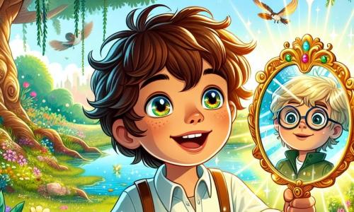 Un niño de 10 años, llamado Tomás, con cabello castaño despeinado y ojos llenos de curiosidad, está de pie bajo un gran roble. Tiene una sonrisa radiante y su rostro irradia alegría y asombro mientras sostiene un espejo mágico que brilla con colores vivos. A su lado, su amigo Lucas, también de 10 años, tiene cabello rubio y gafas redondas. Mira el espejo con ojos muy abiertos, mostrando una expresión de sorpresa y emoción. El parque es verde, con flores coloridas que bailan en la brisa suave. Los pájaros cantan en los árboles y un pequeño estanque brilla al sol, añadiendo un toque de magia al entorno. La escena principal muestra a Tomás y Lucas descubriendo los colores cambiantes del espejo, simbolizando sus emociones. El espejo refleja tonos dorados y azules, iluminando sus rostros maravillados mientras comparten juntos esta aventura alegre.