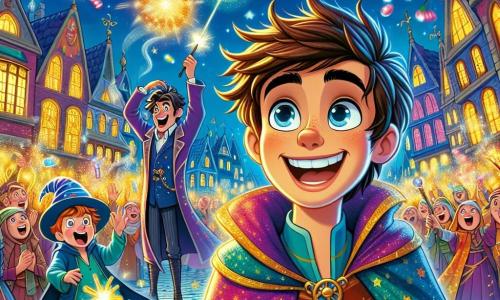 Rufus, un joven mago con el cabello desordenado y una capa que cambia de color, sonríe con asombro mientras lanza burbujas mágicas al aire. Sus ojos brillan de emoción y determinación. A su lado, Mortimer, un niño alto y delgado de unos 10 años, con una túnica azul y una expresión de sorpresa, intenta controlar fuegos artificiales que escapan de su varita. La escena tiene lugar en una gran plaza animada del pueblo de Abracadabra, rodeada de casas flotantes de colores vivos y guirnaldas luminosas. Los habitantes del pueblo, maravillados, aplauden y ríen, mientras las estrellas brillan en el cielo nocturno. Rufus, con un toque de magia, crea una lluvia de burbujas brillantes que liberan confeti colorido, cautivando la atención de todos en un ambiente festivo y alegre.