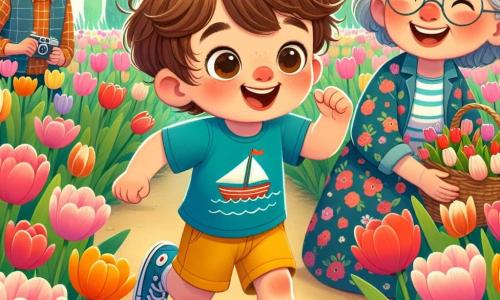 Un niño de 4 años llamado Lucas, con cabello castaño desordenado y grandes ojos curiosos, corre alegremente en un campo de tulipanes de colores, riendo. Lleva una camiseta azul con un pequeño barco dibujado y un pantalón corto amarillo brillante, con los brazos levantados como si quisiera tocar las flores. A su lado, su abuela, una mujer sonriente de unos 65 años con cabello gris recogido y gafas redondas, sostiene una cesta llena de tulipanes. Ella lleva un vestido floral y mira a Lucas con ternura. Un poco más lejos, su abuelo, un hombre de 70 años con barba blanca y un sombrero de paja, toma fotos con una cámara antigua. Lleva una camisa a cuadros y pantalones beige, sonriendo al ver a su nieto divertirse. El lugar es un hermoso campo de tulipanes en plena floración, con flores de todos los colores bajo un cielo azul claro con algunas nubes blancas. La escena principal muestra a Lucas corriendo entre los tulipanes, maravillado por su belleza, mientras sus abuelos lo observan con amor, creando un momento de felicidad familiar en la naturaleza.