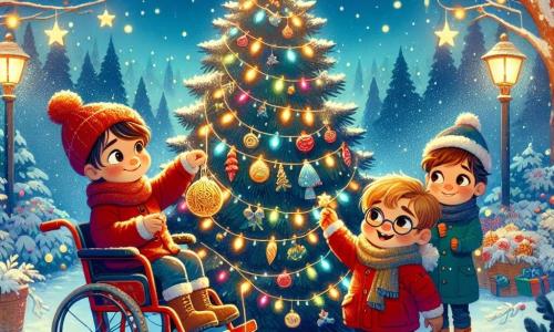 In einem verschneiten Park versammeln sich drei Kinder um einen großen Weihnachtsbaum. Max, ein 10-jähriger Junge im schönen roten Rollstuhl, hat zerzauste braune Haare und ein strahlendes Lächeln. Er hängt eine goldene Weihnachtskugel an den niedrigsten Ast des Baumes. Neben ihm hält Leo, ein 9-jähriger Junge mit blonden Haaren und funkelnden Augen, begeistert eine Lichterkette, die er gerade abrollt. Paul, ein 8-jähriger Junge mit Brille und braunen Haaren, steht etwas abseits und hält ein kleines Paket mit Weihnachtsplätzchen, das er den Passanten anbieten möchte. Der Park ist magisch, mit sanft fallenden Schneeflocken, bunten Lichtern, die am Baum funkeln, und strahlenden Sternen am Nachthimmel. Die umgebenden Bäume sind mit Schnee bedeckt, was eine märchenhafte Stimmung schafft. Die Kinder dekorieren den Baum, singen Weihnachtslieder, teilen Lachen und Freude und bereiten Überraschungen für ihre Nachbarn vor.