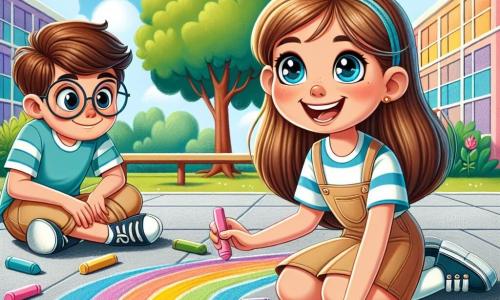 A 10-year-old girl, Emma, with long brown hair and sparkling curious eyes, is sitting on the ground surrounded by colorful chalks. She has a wide joyful smile and her cheeks are slightly flushed with excitement. She is drawing a large rainbow on the concrete floor, her hands full of bright colors. Next to her, Oliver, a 10-year-old boy with round glasses and brown hair, is attentively watching her drawing. He is wearing a blue t-shirt and beige shorts, looking admiringly with an encouraging smile on his face. The setting is a sunny schoolyard, surrounded by tall green trees and colorful swings. The gray concrete floor is decorated with Emma's drawings, creating a cheerful and lively atmosphere. The main scene shows Emma creating a colorful artwork while Oliver encourages her, illustrating their friendship and the celebration of creativity.