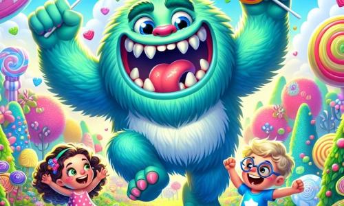 Al centro dell'immagine, Gorgo, un grande mostro peloso con pelle verde brillante, un ampio sorriso e occhi scintillanti di gioia, salta di felicità in un campo pieno di caramelle colorate. I suoi muscolosi bracci sono alzati in aria e ride, mostrando i suoi denti bianchi e aguzzi, ma amichevoli. A destra, una ragazza di circa 8 anni con capelli ricci, vestita con un abito rosa a pois, tiene un palloncino a forma di cuore e guarda Gorgo con meraviglia. A sinistra, un ragazzo di 7 anni con occhiali e una maglietta blu sorride mentre tiene una grande leccornia, pronto a unirsi alla festa. Lo scenario è un magnifico prato di Fantasilandia, pieno di fiori multicolori, alberi di caramelle e un cielo blu brillante, con nuvole a forma di marshmallow che fluttuano dolcemente. La scena principale mostra Gorgo e i bambini che celebrano una festa gioiosa, circondati da dolci giganti e giochi, creando un'atmosfera di felicità e amicizia.