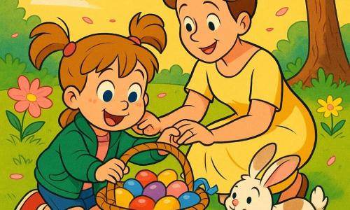 Una niña de 4 años feliz, con coletas castañas claras, ojos azules, chaqueta verde y zapatillas rojas manchadas de hierba, se arrodilla para abrir una gran cesta de mimbre llena de huevos de colores; su madre, de unos 32 años, sonriente y cariñosa, con el pelo recogido en un moño y vestido amarillo pálido, está agachada detrás sujetándole la mano; un pequeño conejo blanco de pelaje suave con orejas rosadas y manchas de chocolate salta cerca y la observa; el jardín bañada de luz dorada de mañana, con césped verde, flores rosas y amarillas y un árbol frondoso, y pétalos y mariposas flotan mientras la niña descubre la cesta con papeles brillantes y lazos junto a un arbusto.