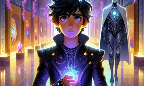 Un joven llamado Kael, de unos 15 años, se encuentra en el centro de un vasto vestíbulo de la estación espacial Arkhanus. Tiene el cabello negro despeinado, ojos brillantes como estrellas y viste un traje de metal negro y polvo lunar. Su rostro refleja una intensa determinación mientras sostiene una variedad de éter brillante en la mano. A su lado, un androide de aproximadamente dos metros con una capa plateada vigila el corredor con ojos luminosos y un rostro impasible, listo para intervenir si es necesario. El vestíbulo es inmenso, con paredes adornadas con runas brillantes y cristales que reflejan destellos de luz. Lianas luminosas cuelgan del techo y una bruma violeta flota cerca del suelo, creando una atmósfera misteriosa y mágica. Kael se prepara para elegir uno de los tres caminos que tiene ante él, dudando entre el corredor luminoso, la puerta custodiada por el androide y la escalera en espiral envuelta en bruma. El aire está cargado de una tensión palpable, sabiendo que cada elección lo acercará al Orbe de Umbra o a un peligro inminente.
