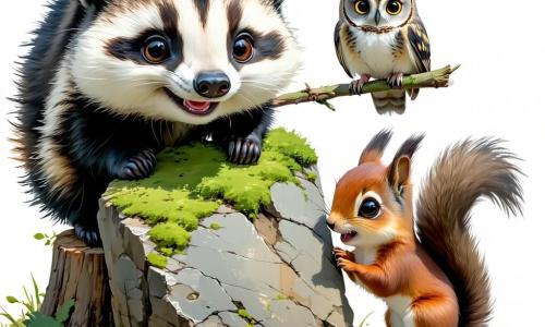 Tilo, un tejón pequeño y redondeado de ojos brillantes y amplia sonrisa, está concentrado y alegre levantando una pesada losa de piedra cubierta de musgo con sus patas delanteras; Lía, una ardilla pequeña de pelaje rojo vivo, emocionada y alerta, empuja una rama como palanca a la derecha de Tilo; Brum, un búho de plumas grises y mirada sabia, permanece tranquilo en un tocón detrás señalando con un ala la ubicación del cofre. En una pequeña clara del bosque con musgo verde, hojas secas y raíces retorcidas, la losa está entreabierta dejando ver un cofre de madera antiguo con semillas y un espejo brillante en su interior; luz suave entre los árboles, ambiente de equipo, curiosidad y descubrimiento; colores planos y contrastados, contornos nítidos, formas simples y texturas estilizadas.