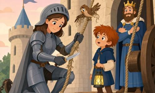 A smiling, attentive female knight kneels on a light wooden drawbridge before a beige stone castle, helmet partially raised revealing a shy smile, in matte grey armor and small grey cape, calmly and protectively cutting a worn rope to free a small brown bird whose wing is slightly tangled; an amazed red-haired boy page of about eight stands beside her holding a small yellow lantern, while a bearded, kind king in a blue robe and simple crown watches from the castle gate with hands crossed, pale pink morning sky above.
