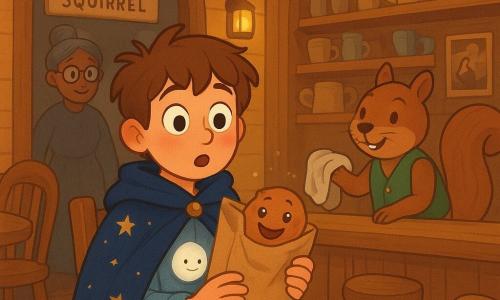 Prince Bram is a shy, surprised boy with rosy cheeks and wide eyes, wearing a navy-blue star-embroidered cape and tousled brown hair, sitting on a cloth-bound chair and clutching a paper bag containing the Laughing Biscuit to his chest; a confident round white marshmallow glows softly in his jacket pocket; Bartholomew Squeak, a small mustached squirrel boy in a green vest, stands on a stool behind a honey-wood counter, wiping a mug and smiling mischievously at Bram; the Laughing Biscuit is an animated light-brown cookie with sugar eyes and a big icing grin, poking out of the bag and cracking a joke as crumbs sparkle; Lady Quillamina, a tall elderly librarian with gray hair in a bun and round glasses, watches kindly at the tavern entrance; the Snoozing Squirrel tavern is warm honey-wood inside with hanging lanterns, leaning mug shelves, painted posters and a thick rug with golden sheep, and the scene is cozy and playful with soft lighting, saturated colors and gently animated objects applauding.