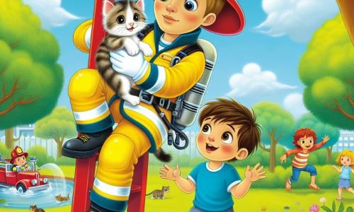Een mannelijke brandweerman, genaamd Sam, klimt vastberaden op een rode ladder, gekleed in zijn glanzende gele uniform en brandweerhelm. Zijn gezicht toont concentratie en vriendelijkheid, met een geruststellende glimlach voor de kleine kitten die hij in zijn armen houdt. Naast hem kijkt een kleine jongen genaamd Tim, ongeveer 7 jaar oud, met bewondering. Hij heeft grote ronde ogen en rommelig kastanjebruin haar, en draagt een blauwe t-shirt en een korte broek. Tim staat aan de voet van de ladder, met zijn handen op zijn heupen, vol opwinding en trots. De scène speelt zich af in een groene park, met grote bomen met weelderig loof, een heldere blauwe lucht met enkele donzige witte wolken, en kleurrijke bloemen langs het pad. In de verte zijn kinderen te zien die op het gras spelen. De belangrijkste situatie toont Sam die een kleine kitten redt die vastzit in een boom, terwijl Tim hem aanmoedigt en zijn moed bewondert.