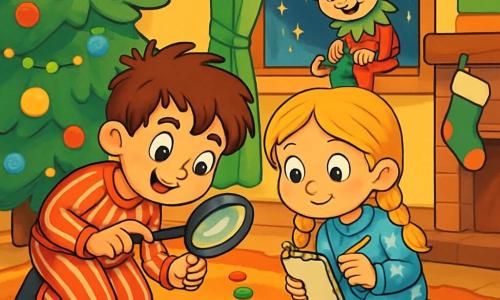 There are three characters: Bobby, an 8-year-old boy with messy brown hair and sparkling mischievous eyes, wearing a red and white striped pajama and holding a magnifying glass, curiously examining the floor; Ellie, a 6-year-old girl with long braided blonde hair and rosy cheeks, dressed in a blue pajama with snowflake patterns and holding a small notebook, ready to jot down clues; and the Mischievous Elf, a small elf with tousled green hair and slightly golden skin, wearing a pointed red hat, perched on the windowsill, grinning playfully with twinkling stars around him. The setting is a cozy living room decorated for Christmas, featuring a large lit tree in the corner surrounded by colorful garlands and sparkling ornaments, a plush carpet covering the floor, and woolen stockings hung by the fireplace, ready to be filled with surprises. The main scene shows Bobby and Ellie following a trail of shiny buttons winding through the living room, both wide-eyed with excitement as the Mischievous Elf watches them with a cheeky grin, ready to challenge them with his Christmas pranks.
