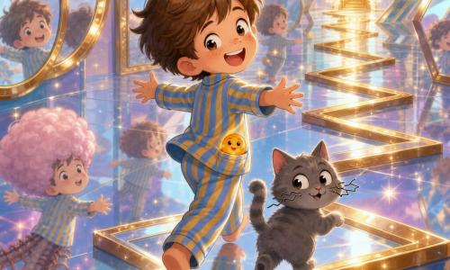 Um menino de 8 anos, emocionado e alegre, olhos pequenos brilhantes, sorriso largo, cabelo castanho curto e sardas, veste um pijama listrado azul e amarelo, anda de costas com os braços abertos e ri; um gato chamado Miúdo, pequeno e cinza, bigodes em zigue‑zague, segue-o de costas com olhar malicioso; um seixo laranja falante, redondo e luminoso, com um pequeno rosto sorridente, sobressai do bolso do pijama como uma esfera mágica; o local é uma esplanada de espelhos imensos polidos em formas redondas, quadradas e zigue‑zague, superfícies muito reflectoras, bordas douradas e poeira de glitter no ar; a cena mostra o menino atravessando um grande espelho zigue‑zague brilhante de costas, rodeado de reflexos absurdos (orelhas de coelho, cabelo em algodão‑doce, patas de mil‑pés) e uma porta dourada que surge ao longe.