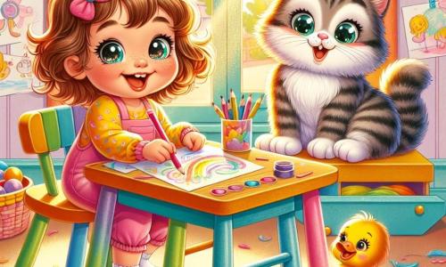 Una niña de 1 año, con grandes ojos brillantes y cabello rizado, está sentada en una pequeña mesa de madera colorida. Sonríe alegremente, sosteniendo un lápiz rosa en su mano, rodeada de hojas de papel cubiertas de dibujos coloridos. A su lado, un gato gordito y peludo, con pelaje rayado gris y ojos verdes brillantes, se estira perezosamente dejando caer plumas coloridas, observándola con curiosidad. Un poco más lejos, un pato amarillo brillante, con un pico naranja y plumas brillantes, está cerca de la ventana, con una expresión divertida, listo para saltar adentro. La escena transcurre en una habitación cálida y luminosa, decorada con paredes pastel, juguetes esparcidos y dibujos colgados en la pared. La luz suave del sol entra por la ventana, creando una atmósfera alegre y acogedora. En esta situación principal, Lía, el gato y el pato se divierten juntos creando un dibujo colorido, riendo y jugando, llenando la habitación de felicidad y creatividad.