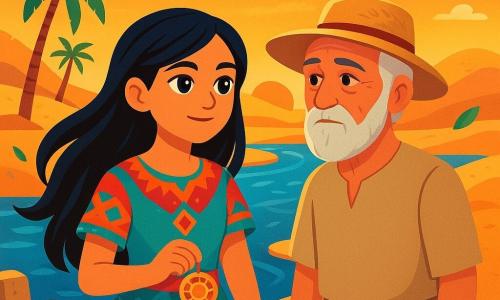 Amina, uma jovem de longos cabelos negros e olhos brilhantes como estrelas, está à beira de um grande rio, com o rosto iluminado por determinação e esperança. Ela usa um vestido tradicional de tecido colorido, adornado com padrões geométricos, e segura um pequeno amuleto em forma de disco na mão. Ao seu lado, Ibra, um homem idoso com barba grisalha e olhos profundos, observa o rio com sabedoria, vestido com uma túnica simples e um chapéu de palha. O cenário é um deserto, com dunas douradas, palmeiras balançando ao vento e um céu azul radiante com nuvens brancas. A cena ocorre ao crepúsculo, onde o pôr do sol pinta o céu de tons alaranjados e rosados, criando uma atmosfera mágica. Amina e Ibra estão diante do rio seco, tentando despertar a magia da água para salvar sua cidade, cercados por pedras antigas que testemunham um passado glorioso, enquanto uma leve brisa faz as folhas dançarem ao redor deles.