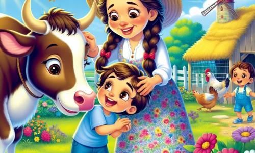 Dona Rosa é uma mulher de meia-idade, com longos cabelos castanhos trançados e um sorriso caloroso. Ela usa um vestido colorido com flores e um chapéu de palha, acariciando uma vaca dócil chamada Margarida, que está ao seu lado com um olhar pacífico. Pedro, um menino de cerca de 8 anos, está por perto. Ele tem cabelos castanhos bagunçados e veste uma camiseta azul e um short. Ele ri alegremente enquanto acaricia a vaca, com os olhos brilhando de admiração. A cena acontece em uma fazenda ensolarada, cercada por campos verdes e flores coloridas. Ao fundo, há um galinheiro com galinhas ciscando o chão e um céu azul com nuvens brancas fofas. A situação principal mostra Dona Rosa e Pedro compartilhando um momento de felicidade, rodeados pelos animais da fazenda, ilustrando a alegria de cuidar da natureza e das criaturas que nela vivem.