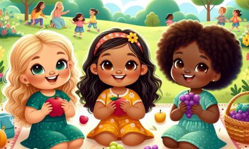 Três meninas, Ana, Beatriz e Clara, estão sentadas em uma grande toalha colorida em um parque ensolarado. Ana, uma menina de quatro anos com cabelos cacheados e pele clara, sorri segurando uma maçã vermelha. Ao lado dela, Beatriz, também de quatro anos, tem cabelos lisos e pele morena, segurando uma banana amarela e rindo alegremente. Clara, a terceira menina, tem cabelos crespos e pele escura, e está compartilhando cachos de uvas com suas amigas. O parque é cheio de verde, com árvores majestosas e flores coloridas. Ao fundo, crianças brincam nos balanços e famílias passeiam. As três meninas fazem um piquenique juntas, compartilhando frutas e rindo, discutindo suas diferenças culturais e a beleza da diversidade, com rostos radiantes de alegria e amizade.