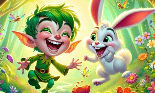 Em uma floresta mágica, um duende alegre chamado Pipo, com sua pele verde brilhante e grandes orelhas pontudas, ri às gargalhadas enquanto faz caretas para as flores coloridas que dançam ao seu redor. Seus olhos brilham de malícia e seu sorriso contagiante ilumina seu rosto travesso. Ao seu lado, seu amigo Rabito, um coelhinho travesso de grandes orelhas e pelagem branca, pula de alegria. Ele tem uma expressão divertida, com seus olhos redondos e brilhantes, e está ao lado de Pipo, pronto para rir das loucas aventuras que os aguardam. O cenário é o Vale das Gargalhadas, um lugar encantador onde flores multicoloridas balançam ao ritmo do vento e um riacho cintilante murmura piadas. Os raios de sol filtram através das folhas, criando uma atmosfera luminosa e alegre. Nesta cena, Pipo e Rabito se divertem fazendo caretas para as flores que, em resposta, explodem em risadas, criando uma atmosfera de felicidade e camaradagem. As risadas ecoam no ar, enquanto as flores parecem dançar e cantar ao redor deles.