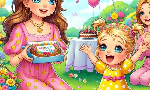 Dos niñas de tres años, Ana y Sofía, están en el centro de la imagen. Ana tiene el cabello largo y castaño, ojos brillantes y lleva un vestido rosa con motivos de flores. Está sentada en la hierba, sonriendo ampliamente y sosteniendo una carta colorida en sus manos. Al lado de ella, Sofía tiene el cabello rubio trenzado, ojos azules y lleva un vestido amarillo con estrellas. Ella se ríe, con los brazos levantados, como si acabara de contar un chiste. El escenario es un parque soleado, lleno de flores coloridas y árboles verdes. Hay globos flotando en el aire y mamás alegres reunidas alrededor de un gran mantel de picnic, donde hay pasteles y bebidas. La situación principal muestra a Ana entregando orgullosamente su carta a su mamá, que se ha arrodillado frente a ella con lágrimas de alegría en los ojos. Sofía, a su lado, aplaude y sonríe, celebrando este momento mágico de compartir y amor por el Día de la Madre.