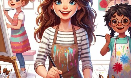 Al centro dell'immagine, Anna, una donna di circa trent'anni, si trova felicemente davanti a un grande quadro colorato. Ha lunghi capelli castani in disordine, un sorriso splendente e indossa un grembiule macchiato di vernice. I suoi occhi brillano di entusiasmo mentre mostra ai bambini come mescolare i colori sulla sua tavolozza. Alla sua destra, un ragazzo di 10 anni, Lucas, con occhiali rotondi e capelli biondi arruffati, osserva attentamente, tenendo un pennello in mano. Sembra concentrato e curioso, pronto a provare le tecniche che Anna gli insegna. Alla sua sinistra, una ragazza di 9 anni, Sofia, con trecce nere e un vestito colorato, sorride mentre dipinge fiori sulla sua tela, piena di energia e creatività. Il decor è un laboratorio luminoso pieno di tele, barattoli di vernice e pennelli sparsi. Grandi finestre lasciano entrare la luce del sole, illuminando i colori vibranti delle opere d'arte appese alle pareti. La situazione principale mostra Anna che guida i suoi allievi in un progetto collettivo, dove ognuno esprime la propria creatività attraverso la pittura, creando un'atmosfera gioiosa e ispiratrice.