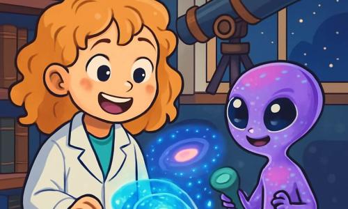Una ragazza di 10 anni, Emma, con capelli ricci e dorati e occhi brillanti di curiosità, si trova in un laboratorio pieno di libri antichi e telescopi giganti. Indossa un camice bianco leggermente troppo grande per lei, e il suo viso esprime una gioia meravigliata mentre osserva un piccolo extraterrestre viola, Lilo, con occhi enormi e pelle traslucida che cambia colore. Lilo, alto quanto una bottiglia, sorride con le sue piccole mani a sei dita, tenendo un scanner luminoso. Il laboratorio è illuminato da luci soffuse, con muri coperti di poster di stelle e pianeti, e un grande telescopio puntato verso una finestra che mostra un cielo stellato. Emma e Lilo lavorano insieme su una piccola navetta spaziale, circondati da pezzi elettronici scintillanti, mentre un ologramma di una galassia fluttua sopra di loro, illuminando i loro volti con una luce magica.