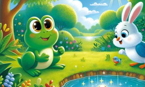 A green frog with big round eyes and a joyful smile stands by a sparkling pond, looking worried. Next to her, a colorful bird with blue and yellow feathers, looking friendly, is searching around. A small white rabbit with big ears, curious and attentive, hops over on the green grass. The pond is surrounded by large green leaves and colorful flowers under a bright blue sky. The frog is looking for her precious shiny stone while her friends help her find it, creating an atmosphere of friendship and adventure.