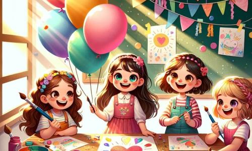 In un'aula colorata, quattro ragazze felici sono riunite attorno a un grande tavolo di legno. Giulia, 8 anni con lunghi capelli castani e un grande sorriso, tiene un pennello in una mano e un cartone colorato nell'altra, pronta a disegnare. Sofia, 7 anni con capelli ricci e occhi brillanti, disegna un grande cuore rosso. Marta, 9 anni con una gamba di legno, sorride mentre tiene un barattolo di vernice. Anna, 8 anni con un vestito rosa e trecce, scrive un dolce messaggio. L'aula è decorata con palloncini e festoni di carta, con finestre che lasciano entrare la luce del sole. Le ragazze lavorano insieme con entusiasmo per creare un bellissimo cartellone per la festa del papà, riempiendo l'aria di risate e gioia.