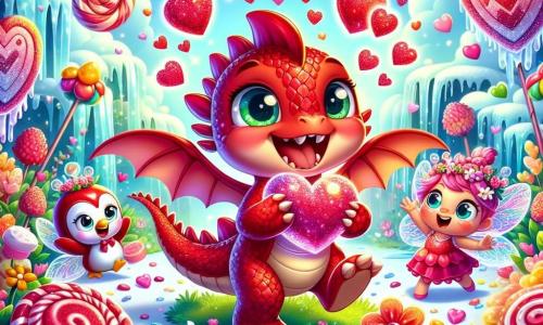 Fiammetta, un piccolo drago rosso con squame brillanti come rubini, è al centro dell'immagine, con un grande sorriso di eccitazione. Tiene un cuore di zucchero scintillante tra le zampe anteriori, circondata da fiori colorati e coriandoli a forma di cuore. Alla sua destra, Lolly, una dolce fata dei dolci con ali traslucide e capelli di zucchero filato, danza gioiosamente, i suoi occhi brillano di felicità. A sinistra, Piumino, un pinguino divertente con un cappello a forma di cuore, fa pirouette sul ghiaccio, ridendo di cuore. Lo sfondo è un magnifico giardino pieno di fiori di gelatina, cascate di cioccolato e alberi di caramelle, sotto un cielo blu punteggiato di nuvole a forma di marshmallow. La scena principale mostra Fiammetta e i suoi amici che celebrano la festa di San Valentino, circondati da decorazioni colorate e creature felici, condividendo risate e amore in un'atmosfera festosa e magica.