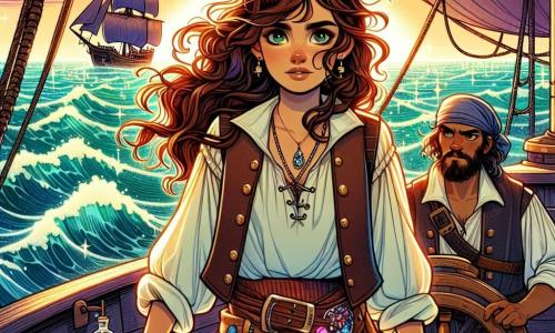 Isabella, una donna pirata temeraria di circa trent'anni, si erge orgogliosamente sulla prua della sua nave, la 