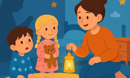 Sunt 3 personaje: - Luca: Un băiat de 5 ani cu părul castaniu dezordonat, purtând un pijama albastru cu stele albe. Stă pe un covor moale, cu ochii mari deschiși, privindu-se spre un colț întunecat al camerei. - Mara: O fetiță de 4 ani cu părul blond împletit, îmbrăcată într-o rochie roz cu inimioare. Stă lângă Luca, ținând un urs de pluș în brațe, cu un zâmbet liniștitor. - Mama: O femeie de aproximativ 30 de ani cu părul castaniu prins în coc, purtând un pulover moale și confortabil. Se așază în fața copiilor, ținând o mică lanternă care luminează delicat camera. Locul este o cameră de copil călduroasă, cu pereți vopsiți în albastru deschis și decorațiuni cu nori și stele. Un covor mare și moale acoperă podeaua, iar jucăriile sunt împrăștiate în jur. Într-un colț, o umbră misterioasă se conturează, creând o atmosferă ușor neliniștitoare, dar primitoare. Situația principală arată cum Luca și Mara, puțin îngrijorați, privesc spre colțul întunecat al camerei, în timp ce Mama îi liniștește cu lanterna ei, iluminând fețele lor zâmbitoare și curioase. Umbrele dansează în jurul lor, dar atmosfera rămâne blândă și reconfortantă.