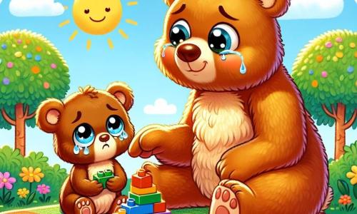 Ein kleiner brauner Bär mit einem weichen Fell und runden, glänzenden Augen sitzt auf einer bunten Decke und zeigt einen traurigen Gesichtsausdruck mit Tränen in den Augen. Er hält einen kleinen Spielstein in seinen Pfoten. Neben ihm sitzt eine große, herzliche Mama-Bärin mit goldenem Fell und einem tröstlichen Lächeln, die ihn sanft ansieht und ihm den Kopf streichelt. Die Szenerie ist eine sonnige Lichtung, umgeben von grünen Bäumen mit glänzenden Blättern, und bunten Blumen, die um sie herum wachsen. In der Mitte sind farbige Bauklötze auf der Decke verstreut. Die Hauptsituation zeigt den kleinen Bären, der mit den Steinen ein großes Schloss baut, während seine Mama ihn mit einem liebevollen Blick ermutigt, was eine Atmosphäre von Unterstützung und Trost schafft.
