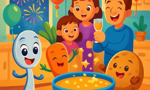 Una cocina cálida y animada, llena de decoraciones de Nochevieja: guirnaldas doradas, globos de colores y un gran plato de sopa espumosa en el centro. En primer plano, una pequeña cuchara plateada, Cuchi, con una sonrisa radiante y ojos chispeantes de curiosidad, baila alegremente sobre la mesa, rodeada de gotas de sopa que brillan como estrellas. A su lado, una alegre zanahoria naranja, con una cara sonriente y brazos de hojas, hace piruetas, mientras que una patata redonda y marrón, con un aire divertido, aplaude rodando suavemente sobre la mesa. Al fondo, una familia sonriente se prepara para el gran momento de Año Nuevo, con niños de ojos brillantes y padres riendo juntos, sosteniendo vasos llenos de jugo espumoso. La cocina está llena de luz suave, con una gran ventana que deja pasar destellos de fuegos artificiales coloridos desde el exterior. La escena principal muestra a Cuchi y sus amigos bailando y divirtiéndose, creando un ambiente festivo y mágico, justo antes de la cuenta regresiva de la medianoche.