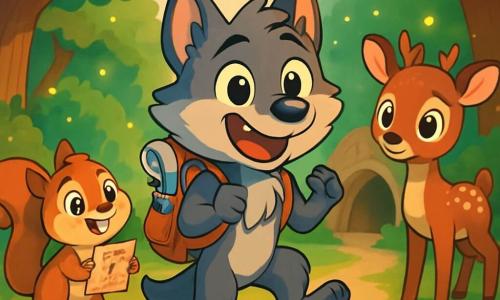 Un pequeño lobo de ojos brillantes y curiosos, con pelaje gris y cola esponjosa, se encuentra en el centro de la imagen, mostrando una amplia sonrisa de emoción y nerviosismo. Lleva una pequeña mochila de cuero llena de útiles escolares, con las patas delanteras levantadas como si estuviera listo para lanzarse a la aventura. A su izquierda, una ardilla pequeña de pelaje marrón claro, con grandes ojos chispeantes y una expresión amigable, salta alegremente sosteniendo un mapa del tesoro en sus pequeñas patas. A la derecha, un joven ciervo con manchas blancas en su pelaje, mostrando una expresión tímida pero entusiasta, observa con curiosidad, con las grandes orejas en alto. El escenario es un claro soleado en el corazón de un bosque verde, rodeado de majestuosos árboles con hojas brillantes y flores coloridas esparcidas por el suelo. En el fondo, las luciérnagas comienzan a encenderse, añadiendo un toque mágico a la atmósfera. La situación principal muestra al pequeño lobo y sus amigos preparándose para su primer día de escuela, rodeados de risas y entusiasmo, mientras se dirigen hacia una cueva acogedora que sirve de aula, simbolizando el comienzo de una gran aventura de aprendizaje.
