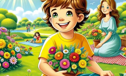 Un niño de 7 años, Lucas, con cabello castaño y ojos brillantes, está sentado en la hierba verde de un parque soleado, sonriendo mientras sostiene una pequeña maceta de flores coloridas. Lleva una camiseta amarilla y un short azul, y parece maravillado por la belleza de la naturaleza que lo rodea. A su lado, su mamá, una mujer de unos treinta años con cabello largo y castaño, sonríe al mirar a su hijo mientras prepara un picnic sobre un mantel a cuadros rojos. Ella viste un vestido ligero y colorido, añadiendo alegría a la escena. Al fondo, el parque está lleno de flores brillantes, árboles frondosos y familias divirtiéndose, mientras los pájaros vuelan en un cielo azul claro. La situación principal muestra a Lucas, rodeado de la belleza primaveral, listo para compartir su felicidad y descubrimientos sobre las flores con su mamá, en un ambiente alegre y cálido.
