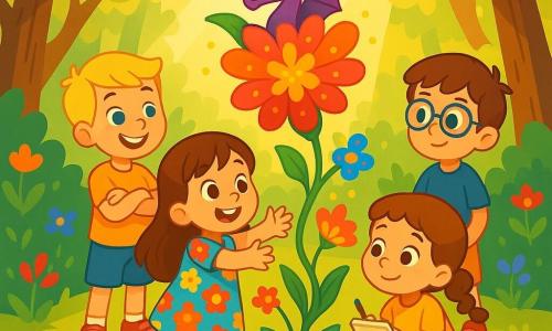 Una bambina di 4 anni, Sofia, con lunghi capelli castani e occhi pieni di curiosità, sorride meravigliata mentre si trova davanti a una magnifica pianta magica dai fiori brillanti, il Dragofiore. Indossa un vestito colorato a fiori e sandali, con le mani tese verso la pianta, piena di entusiasmo. Accanto a lei, il suo amico Luca, un ragazzo di 5 anni con capelli biondi e occhi azzurri, guarda la pianta con ammirazione, le braccia incrociate e un grande sorriso sul volto. Martina, una bambina di 4 anni con capelli ricci e una piccola treccia, si accovaccia vicino a Sofia, tenendo un piccolo taccuino da disegno, pronta a ritrarre la scena magica. Giovanni, un ragazzo di 5 anni con occhiali e capelli castani, è un po' indietro, osservando con un'espressione pensierosa, le mani nelle tasche dei suoi pantaloni corti. La scena si svolge in una radiosa radura nel cuore della foresta, circondata da alberi maestosi con foglie verdi brillanti e fiori colorati che danzano dolcemente al vento. I raggi di sole filtrano attraverso i rami, illuminando la scena con una luce dorata. Sofia e i suoi amici sono incantati dalla bellezza del Dragofiore, pronti a esprimere un desiderio magico, pieni di eccitazione e attesa.