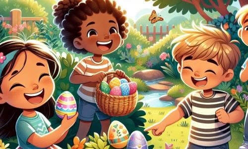 In a sunny garden, four children are gathered for an Easter egg hunt. Lily, a seven-year-old girl with brown hair in a ponytail and a big smile, holds a small wicker basket filled with colorful eggs at the center of the image, full of energy and enthusiasm. Max, a seven-year-old boy with messy blonde hair and glasses, is to her right, pointing at a bush with excited eyes. Emma, a seven-year-old girl with red hair in braids, is to Lily's left, laughing while holding a decorated egg in her hand. Sam, a seven-year-old boy with brown hair and a striped t-shirt, is slightly behind, watching a butterfly flutter near a flower. The garden is a true spring paradise, filled with colorful flowers, lush green trees, and a small pond sparkling in the sun. Birds are singing in the branches, and butterflies are dancing around the children. The scene captures the children in action, searching for hidden eggs in the bushes and under the flowers, with bursts of laughter and joy, embodying the magical and festive spirit of Easter.