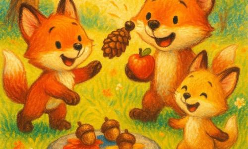 A lively little red fox with a white belly and bushy tail, smiling with sparkling eyes, rolls a pine cone; his slightly larger brother, holding an apple, laughs in surprise as the cone taps his nose; their smaller, lighter-furred sister spins and giggles beside a flat stone used as a board, where three shiny acorns sit on red, yellow, and blue leaves; they play their homemade game in a sunny clearing under a large green oak with soft grass, wildflowers, and warm sunbeams.